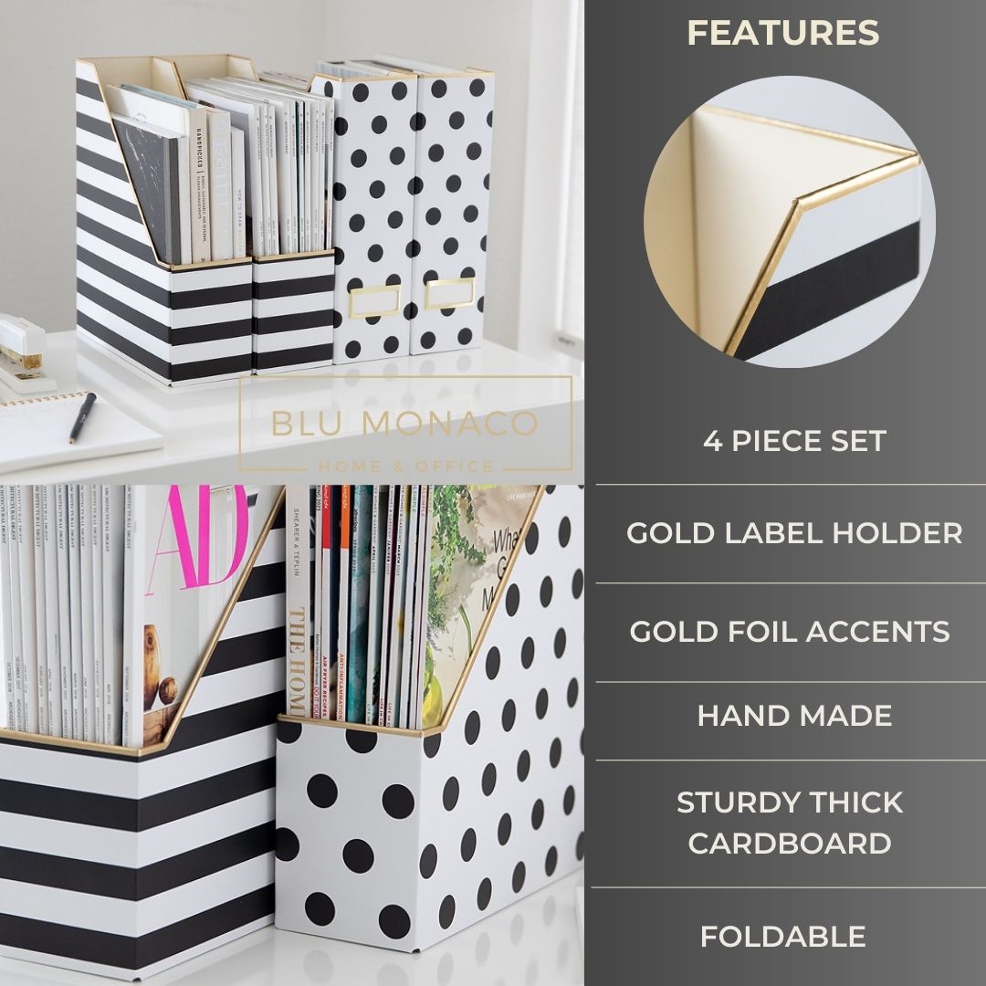Lot De 4 Boîtes De Rangement Pliables Pour Magazines - Motif Floral Doré Élégant Avec Porte-Étiquette, Idéal Bureau Et Maison