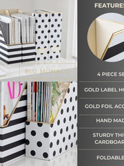 Load image into Gallery viewer, BLU MONACO Set of 4 Stylish Magazine File Boxes - 2 Black and White Stripes and 2 Polka Dots - Office Organization and Storage, Paper Organizer for Desk - Workspace and Classroom Organization
