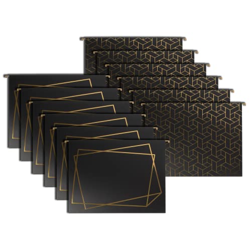 Set of 12 Geometric Black Gold Hanging File Folders Letter Size, Cute Hanging Folders for Filing Cabinet and Hanging File System, Filing Cabinet Folders, Decorative Hanging Filing folders with tabs