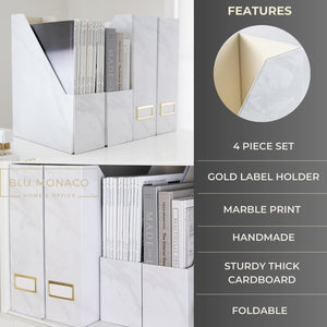 BLU MONACO Set of 4 Elegant Magazine Holders with White Marble Design and Gold Label Holders - Perfect File Holder for Desk, Magazine Storage for Home Office, and Classroom Organization and Storage