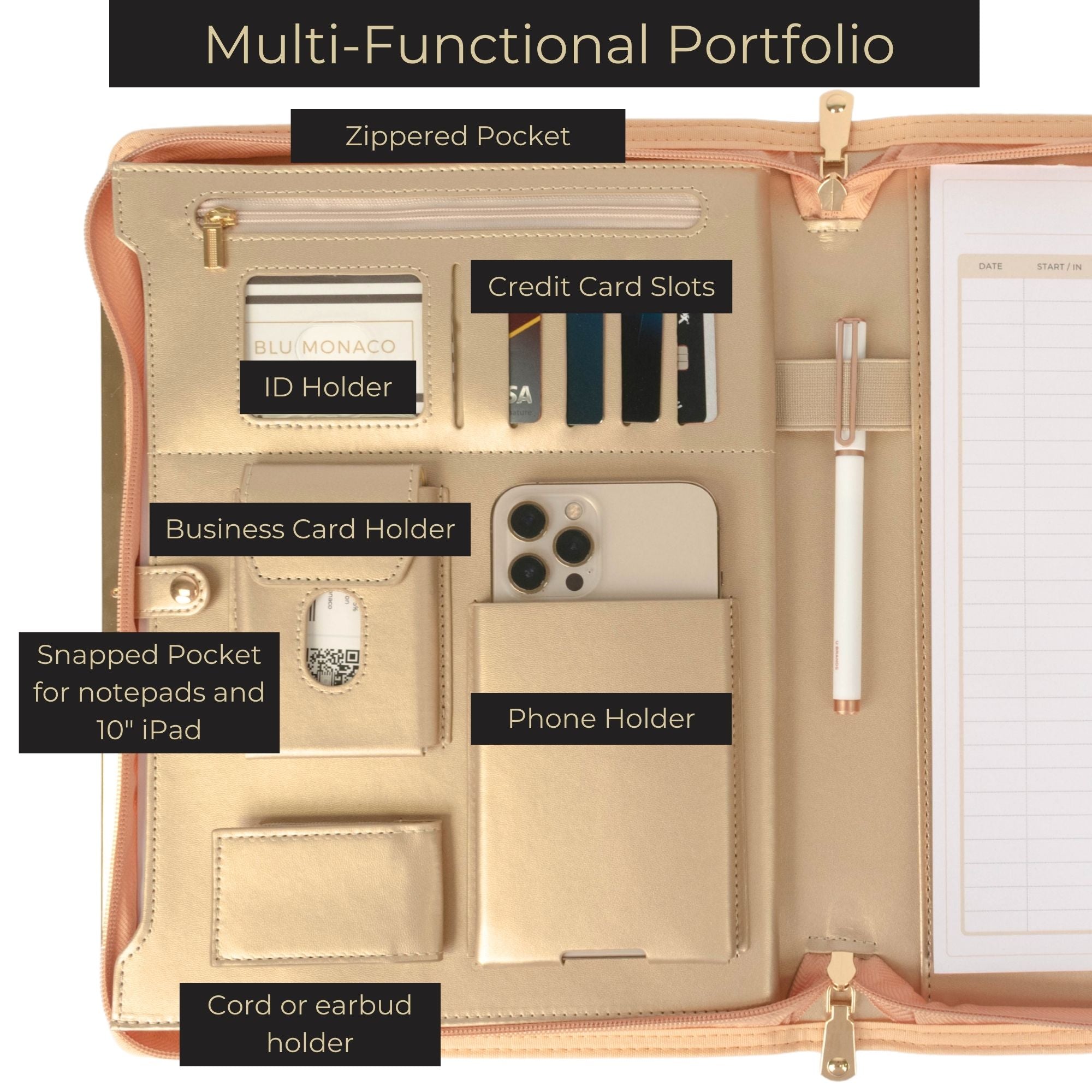 BLU MONACO Pink Vegan Leather Portfolio Binder for Women - Professional Padfolio Work Organizer with Gold Trim, Zippered Business Case for Documents BLU MONACO Pink Vegan Leather Portfolio Binder for Women - Professional Padfolio Work Organizer with Gold Trim, Zippered Business Case for Documents