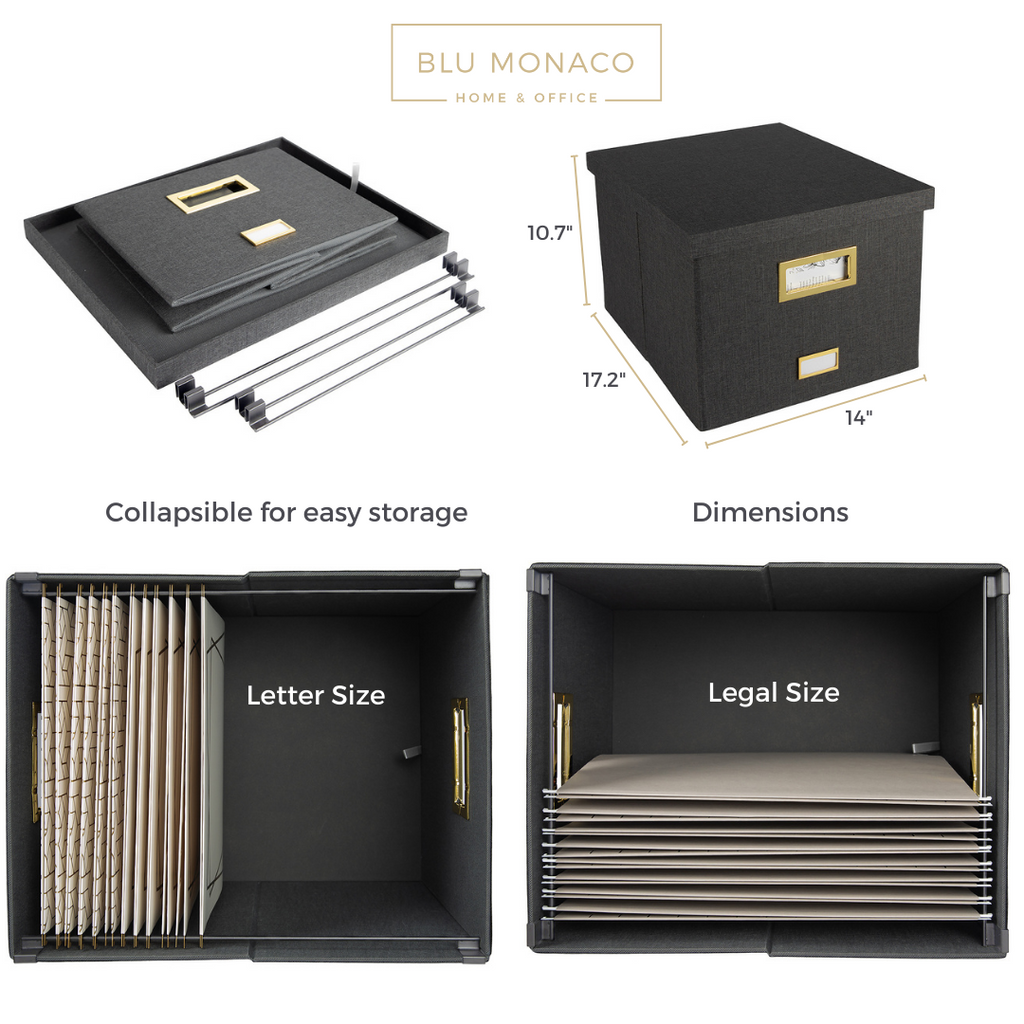 Grey Foldable File Storage Box with Lid, Gold Accents, and Metal Rods ...