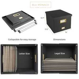 Grey Foldable File Storage Box with Lid, Gold Accents, and Metal Rods - Stylish Organizer for Letter and Legal-Size Hanging File Folders - Portable Office Storage Solution and Decorative File Tote