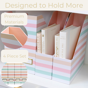 Set of 4 Foldable Magazine Holders in Pastel Stripes – Sturdy Cardboard Vertical Organizers with Label Holders