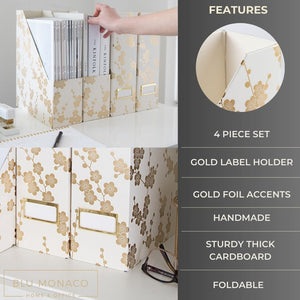 Load image into Gallery viewer, BLU MONACO Decorative Foldable Magazine Storage Boxes for Desk Set of 4 with Gold Floral Pattern and Gold Label Holder - Ideal Book Boxes or Vertical File Organizer Make Bookshelf Organization Easy
