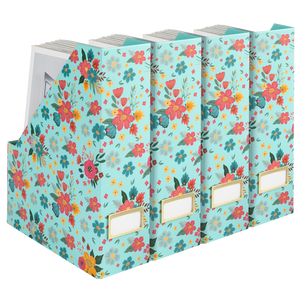 BLU MONACO Floral Magazine Holder Cute Set of 4 Foldable Magazine File Boxes Aqua Floral Pattern with Gold Label Holder- Magazine Rack Desk Organizer, Binder Holder, Vertical File Folder Organizer