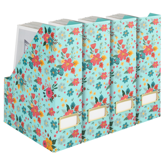 BLU MONACO Floral Magazine Holder Cute Set of 4 Foldable Magazine File Boxes Aqua Floral Pattern with Gold Label Holder- Magazine Rack Desk Organizer, Binder Holder, Vertical File Folder Organizer