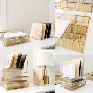 Gold Desk Organizer - Gold Desk Accessories for Women Office Set Includes Detachable File Organizer, Stackable Paper Tray, Stackable Drawer - Gold Office Supplies for Desk Gold File Organizer for Desk