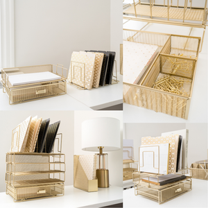 Load image into Gallery viewer, Gold Desk Organizer - Gold Desk Accessories for Women Office Set Includes Detachable File Organizer, Stackable Paper Tray, Stackable Drawer - Gold Office Supplies for Desk Gold File Organizer for Desk
