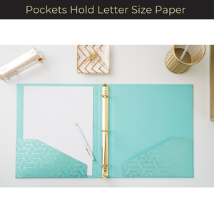 Geometric Gold Foil Aqua Binder 3 Ring - Set of 2-1 Inch Binders 3 Ring - 3 Ring Binders - 3 Ring Binders 1 Inch, Three Ring Binder - Cute Binder - Pastel Binder Aqua - 3 Hole Cute Binders