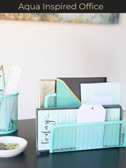 Load image into Gallery viewer, Aqua Metal Mesh Letter Sorter – 3-Slot Mail Organizer for Desk, Office &amp; Home
