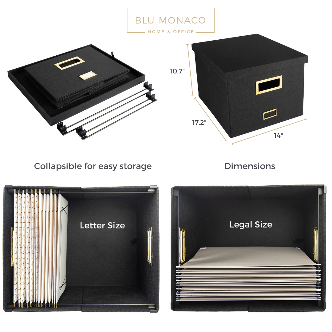 Black Foldable File Storage Box with Lid, Gold Accents, and Metal Rods ...