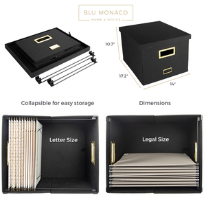 Black Foldable File Storage Box with Lid, Gold Accents, and Metal Rods for Legal or Letter size hanging files - Stylish and Functional File Organizer for Office and Home - Hanging File Storage Box