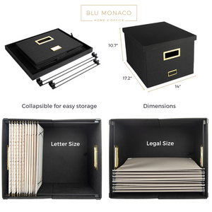 Load image into Gallery viewer, Black Foldable File Storage Box with Lid, Gold Accents, and Metal Rods for Legal or Letter size hanging files - Stylish and Functional File Organizer for Office and Home - Hanging File Storage Box
