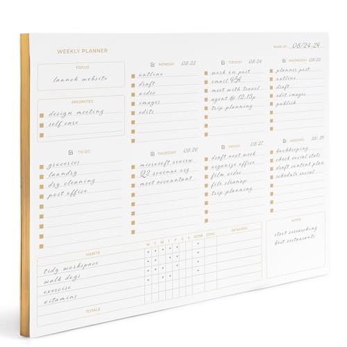 Undated Weekly Planner Pad - Undated Planner Weekly Calendar Pad - 8.5 x 11 Tear off 50 PG Gold Edge Weekly Desk Pad - Weekly Notepad - Weekly Planner Pad Tear Off Undated Calendar Weekly Planning Pad