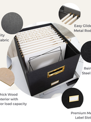 Load image into Gallery viewer, Black Foldable File Storage Box with Lid, Gold Accents, and Metal Rods for Legal or Letter size hanging files - Stylish and Functional File Organizer for Office and Home - Hanging File Storage Box