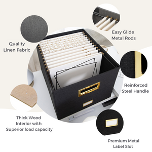 Black Foldable File Storage Box with Lid, Gold Accents, and Metal Rods for Legal or Letter size hanging files - Stylish and Functional File Organizer for Office and Home - Hanging File Storage Box