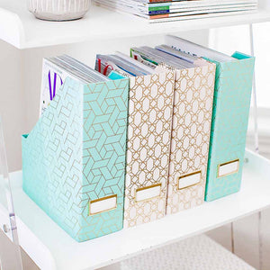 Load image into Gallery viewer, BLU MONACO Set of 4 Foldable Cute Magazine File Holders with Gold Label Holders - 2 Pink and 2 Aqua with Fun Gold Geometric Patterns - Stylish and Durable Magazine Storage for Home and Office

