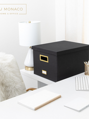 Load image into Gallery viewer, Black Foldable File Storage Box with Lid, Gold Accents, and Metal Rods for Legal or Letter size hanging files - Stylish and Functional File Organizer for Office and Home - Hanging File Storage Box