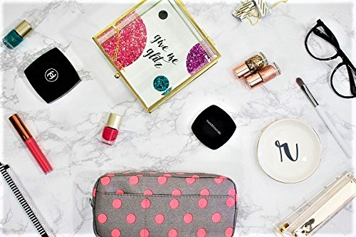 cute makeup travel bag BLU MONACO Sleek and Chic: Grey with Pink Polka Dot Makeup Bag for Women - Stylish Compact Cosmetic Organizer and Travel Pouch