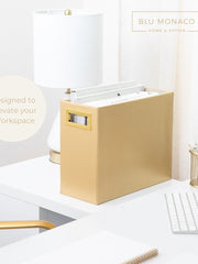 Load image into Gallery viewer, Gold Magazine Basket, Gold Magazine Holder, Gold Magazine Rack, Magazine Holder Floor, and Magazine Holder Bathroom Storage Décor Stylish Book Basket and Magazine Organizer - Narrow Basket Blu Monaco