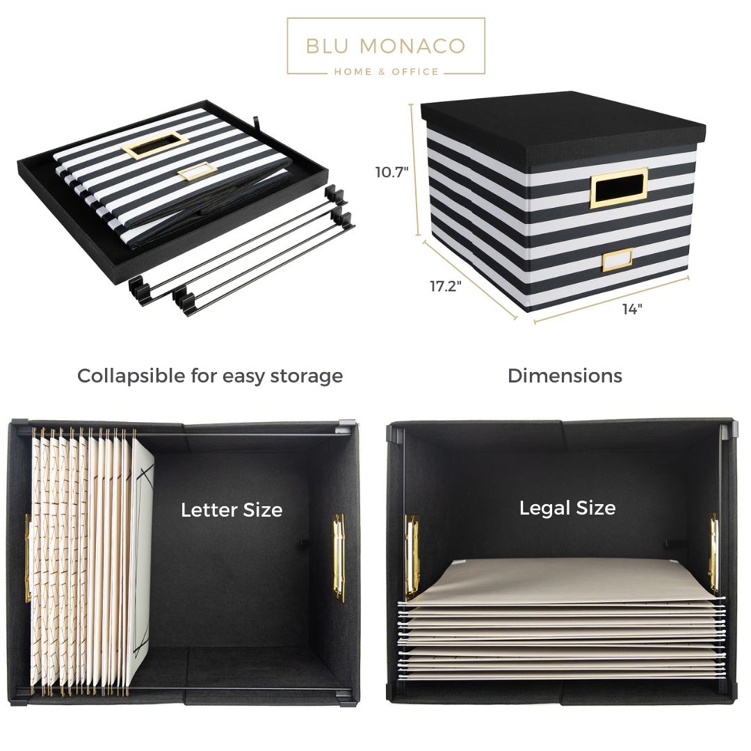 Black and White Striped Foldable File Storage Box with Lid, Gold