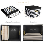 Load image into Gallery viewer, Black and White Striped Foldable File Storage Box with Lid, Gold Accents, and Black Metal Rods - Stylish and Functional File Organizer for Letter and Legal-Size Hanging File Folders - Office Storage
