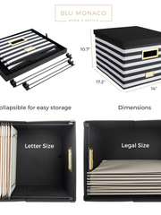Load image into Gallery viewer, Black and White Striped Foldable File Storage Box with Lid, Gold Accents, and Black Metal Rods - Stylish and Functional File Organizer for Letter and Legal-Size Hanging File Folders - Office Storage