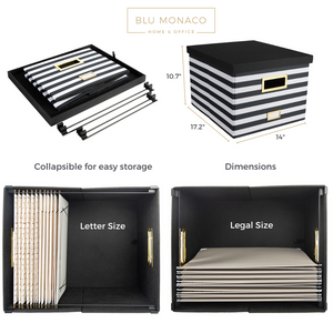 Black and White Striped Foldable File Storage Box with Lid, Gold Accents, and Black Metal Rods - Stylish and Functional File Organizer for Letter and Legal-Size Hanging File Folders - Office Storage