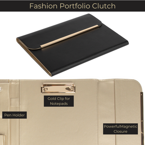 Portfolio Binder - Black Leather Padfolio for Women - Leather Portfolio Folder with Gold Trim - Portfolio Organizer Notebook - Professional Binder Folio - Business Portfolio Case