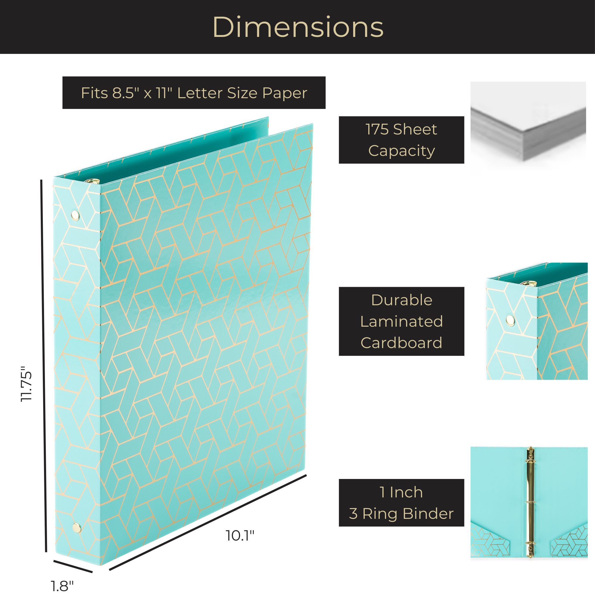 Geometric Gold Foil Aqua Binder 3 Ring - Set of 2-1 Inch Binders 3 Rin ...