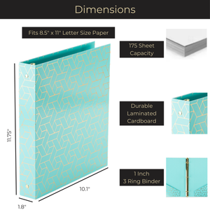 Geometric Gold Foil Aqua Binder 3 Ring - Set of 2-1 Inch Binders 3 Ring - 3 Ring Binders - 3 Ring Binders 1 Inch, Three Ring Binder - Cute Binder - Pastel Binder Aqua - 3 Hole Cute Binders