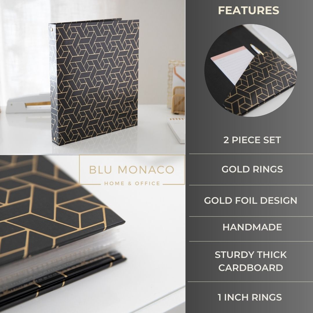Geometric Gold Foil Black Binder 3 Ring - Set of 2-1 Inch Binders 3 Ri ...