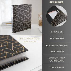 Geometric Gold Foil Black Binder 3 Ring - Set of 2-1 Inch Binders 3 Ring - 3 Ring Binders - 3 Ring Binders 1 Inch, Three Ring Binder - Cute Binder - Modern Preppy - 3 Hole Cute Binders