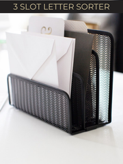 Load image into Gallery viewer, Black Metal Mesh Letter Sorter – 3-Slot Mail Organizer for Desk, Office &amp; Home
