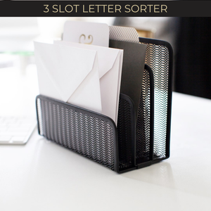 Load image into Gallery viewer, Black Metal Mesh Letter Sorter – 3-Slot Mail Organizer for Desk, Office &amp; Home
