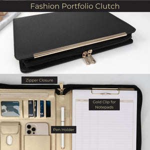 Portfolio Binder - Black Vegan Leather Padfolio for Women - Leather Portfolio Folder with Gold Trim - Portfolio Organizer Notebook - Professional Binder Folio - Business Portfolio Case - Gold Zipper