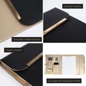 Portfolio Binder - Black Leather Padfolio for Women - Leather Portfolio Folder with Gold Trim - Portfolio Organizer Notebook - Professional Binder Folio - Business Portfolio Case