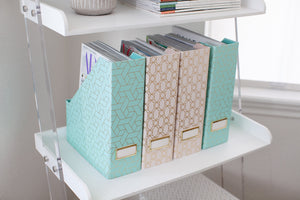 Load image into Gallery viewer, BLU MONACO Set of 4 Foldable Cute Magazine File Holders with Gold Label Holders - 2 Pink and 2 Aqua with Fun Gold Geometric Patterns - Stylish and Durable Magazine Storage for Home and Office
