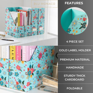 BLU MONACO Floral Magazine Holder Cute Set of 4 Foldable Magazine File Boxes Aqua Floral Pattern with Gold Label Holder- Magazine Rack Desk Organizer, Binder Holder, Vertical File Folder Organizer