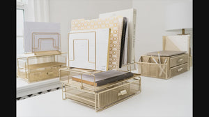 Load and play video in Gallery viewer, Gold Desk Organizer - Gold Desk Accessories for Women Office Set Includes Detachable File Organizer, Stackable Paper Tray, Stackable Drawer - Gold Office Supplies for Desk Gold File Organizer for Desk
