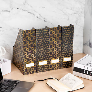 Foldable Magazine File Holder with Gold Label Holder - Set of 4 - Dark Grey and Gold