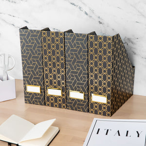 Foldable Magazine File Holder with Gold Label Holder - Set of 4 - Dark Grey and Gold