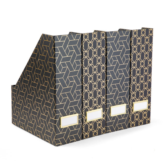 Foldable Magazine File Holder with Gold Label Holder - Set of 4 - Dark Grey and Gold