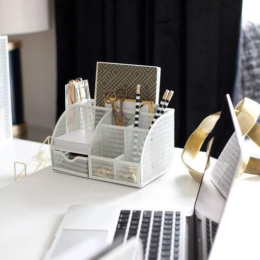 Fontvieille Unique Metal White Desk Organizer with Drawer