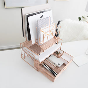 Rose Gold Desk Organizer with File sorters and Drawer