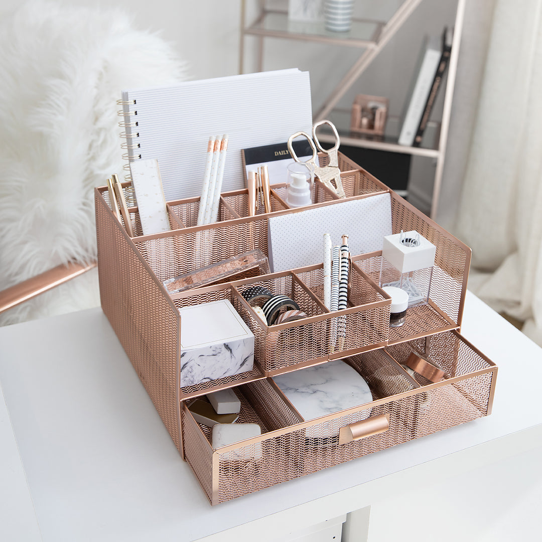 Blu Monaco Fontvieille Desk Organizer with File Sorters and Drawer - Rose Gold
