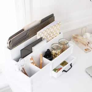 White Wooden Mail Organizer with Pen Holder and Drawer