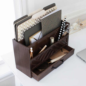 Brown Wooden Mail Organizer with Drawer