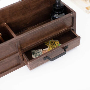 Brown Wood Mail Organizer with Pen Holder and Drawer